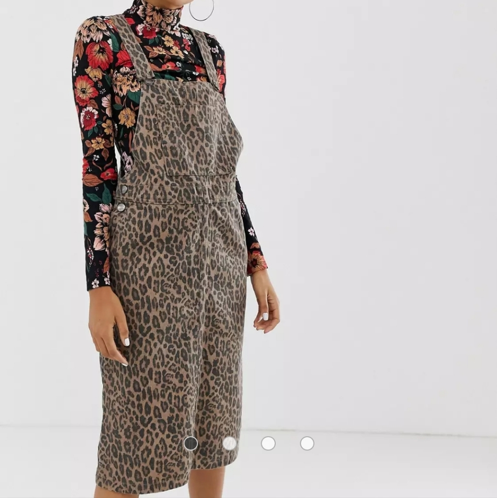 Monki leopard print denim midi overall dress, Medium